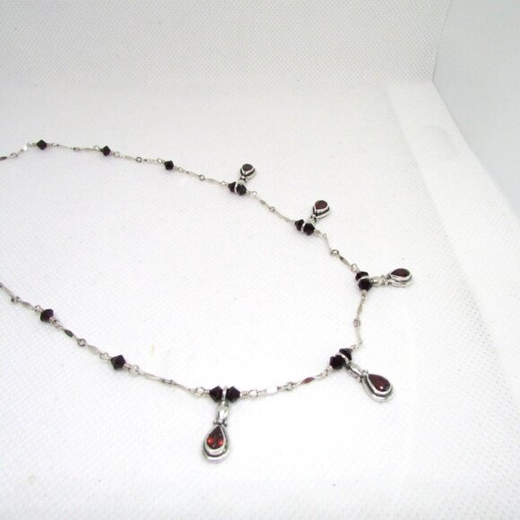 Vintage Sterling Silver 16.5" Tear Shape Garnet & Red Crystals Station Necklace - Picture 9 of 12